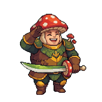 jolly mushroom knight, 8-bit classic, isometric action RPG animation