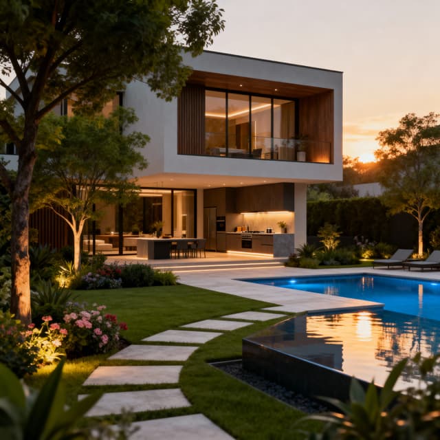 Modern luxury house with large windows, clean lines, and an infinity pool overlooking a scenic landscape