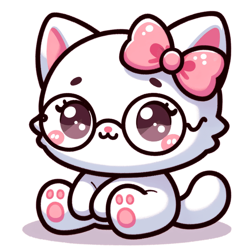 Cute Hello Kitty-style kawaii character design with simple rounded features, adorable Japanese Sanrio aesthetic with pastel colors and cheerful expression, charming minimalist character art perfect for merchandise and fan creations