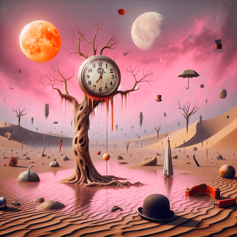 A surrealist landscape in Dali style with melting clocks and dreamlike elements