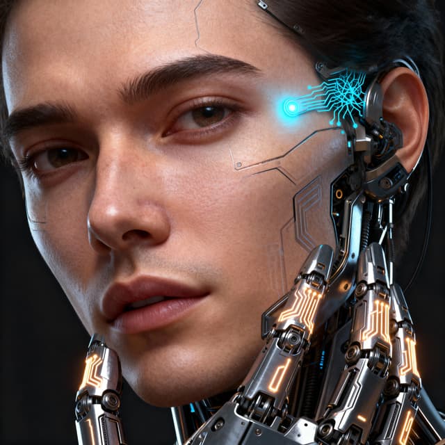 Futuristic cyborg portrait with glowing cybernetic enhancements and sleek metallic elements