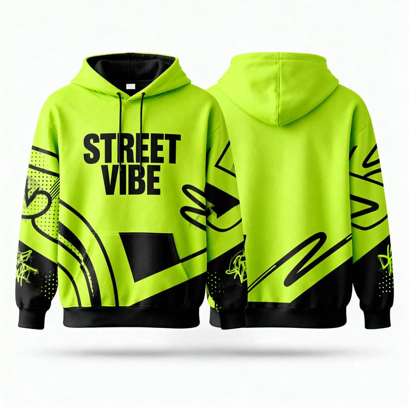 Trendy hoodie design with contemporary streetwear styling, bold graphics or artistic elements on front or back, urban fashion aesthetic with modern typography, comfortable casual design suitable for apparel mockup and production