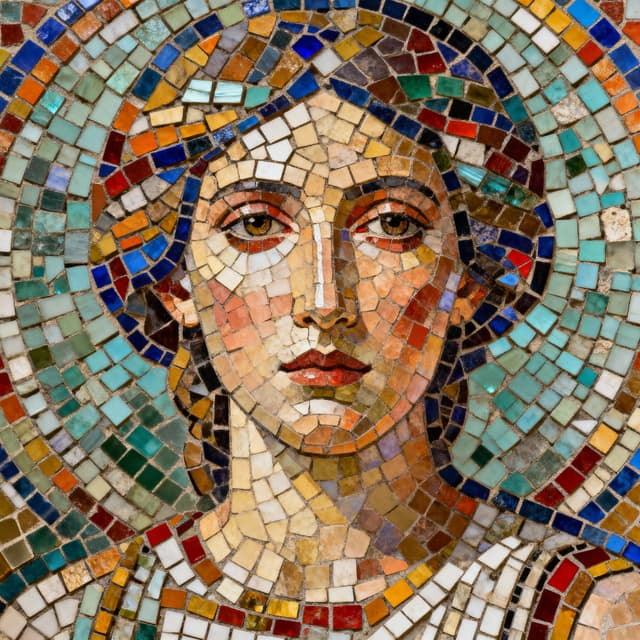Intricate mosaic artwork composed of small colorful tiles and fragments, tessellated pattern with rich texture and dimensional quality, ancient artistic technique with modern color palette, detailed geometric assembly creating cohesive imagery from individual pieces