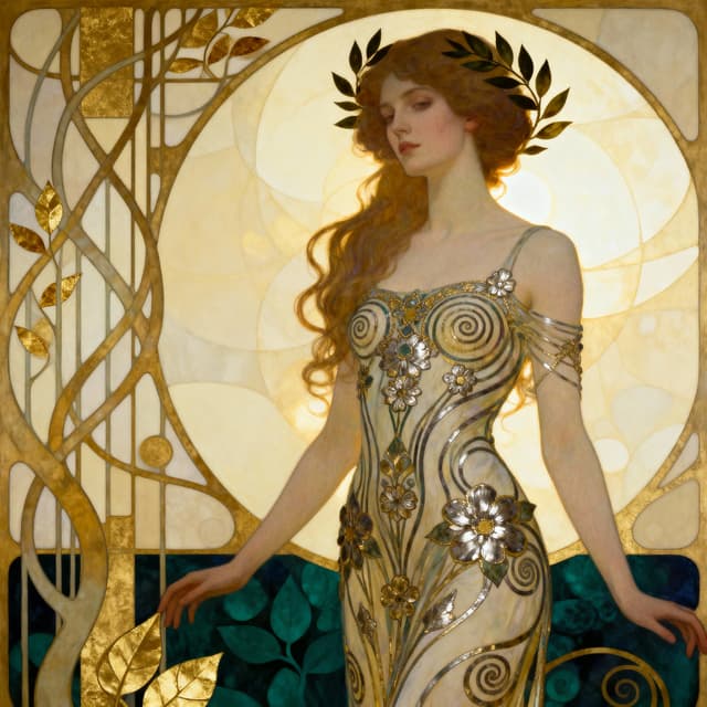 A portrait in Klimt style with soft light and atmospheric effects