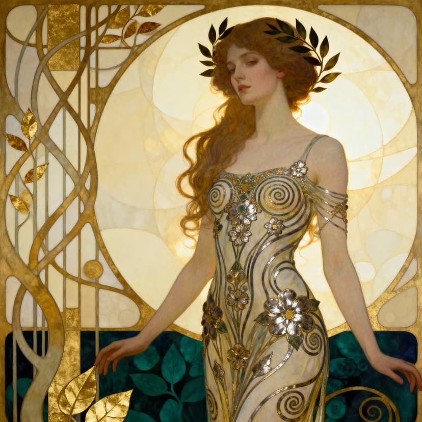 A portrait in Klimt style with soft light and atmospheric effects