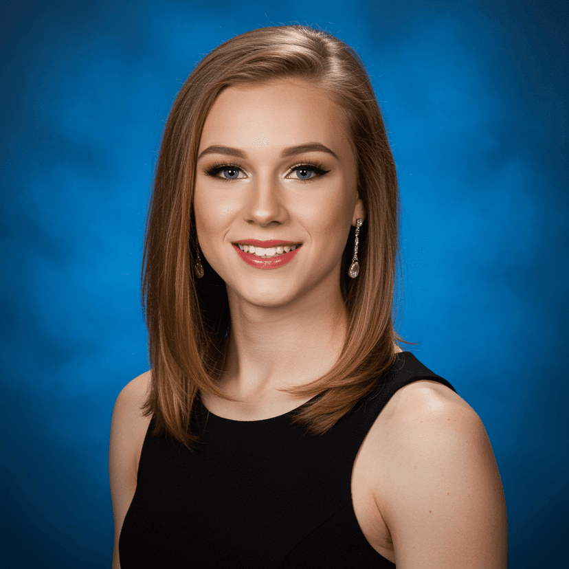 Classic yearbook photo of a smiling high school student with a blue background