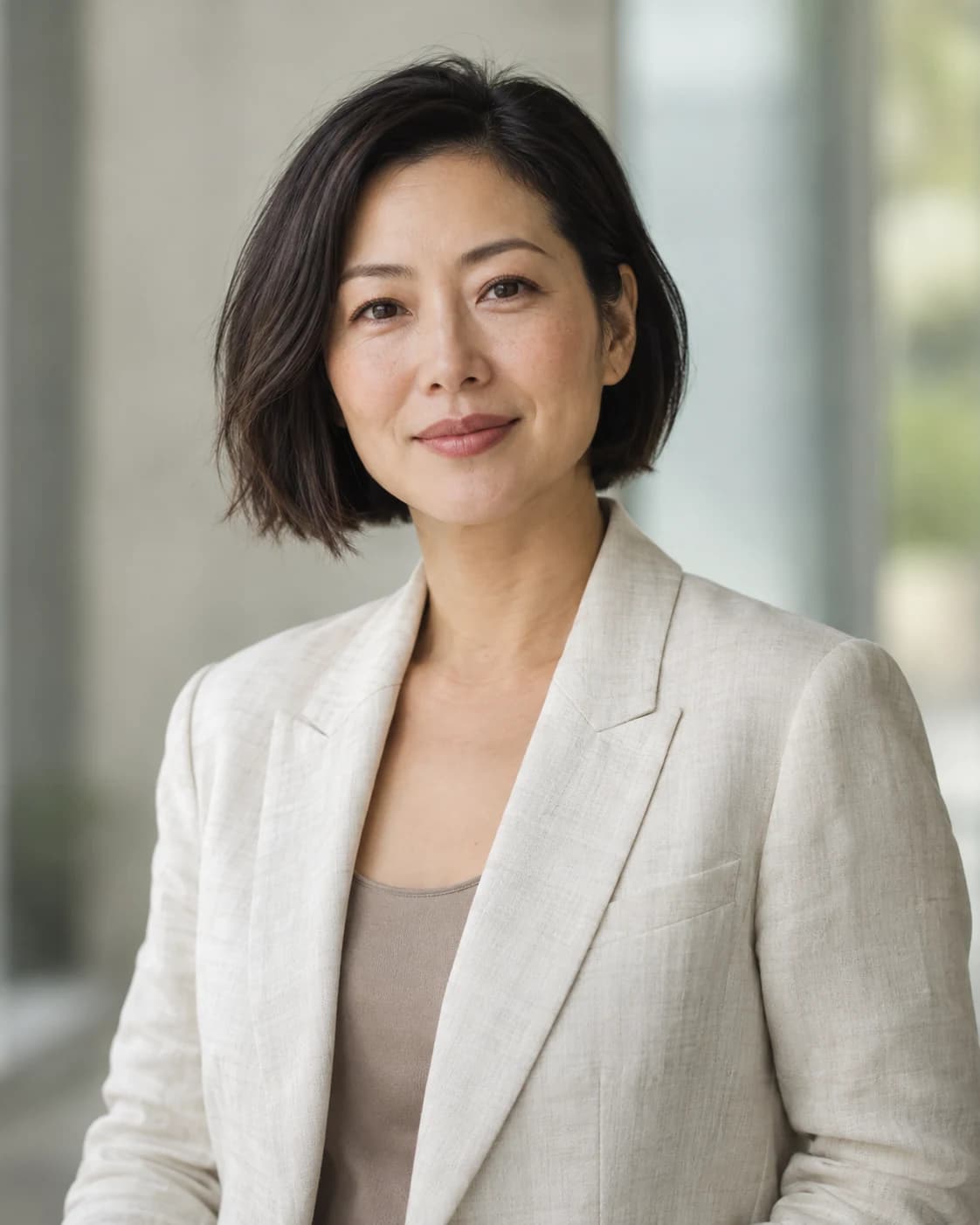 아이보리색 리넨 재킷을 입은 짙은 단발머리 여성
