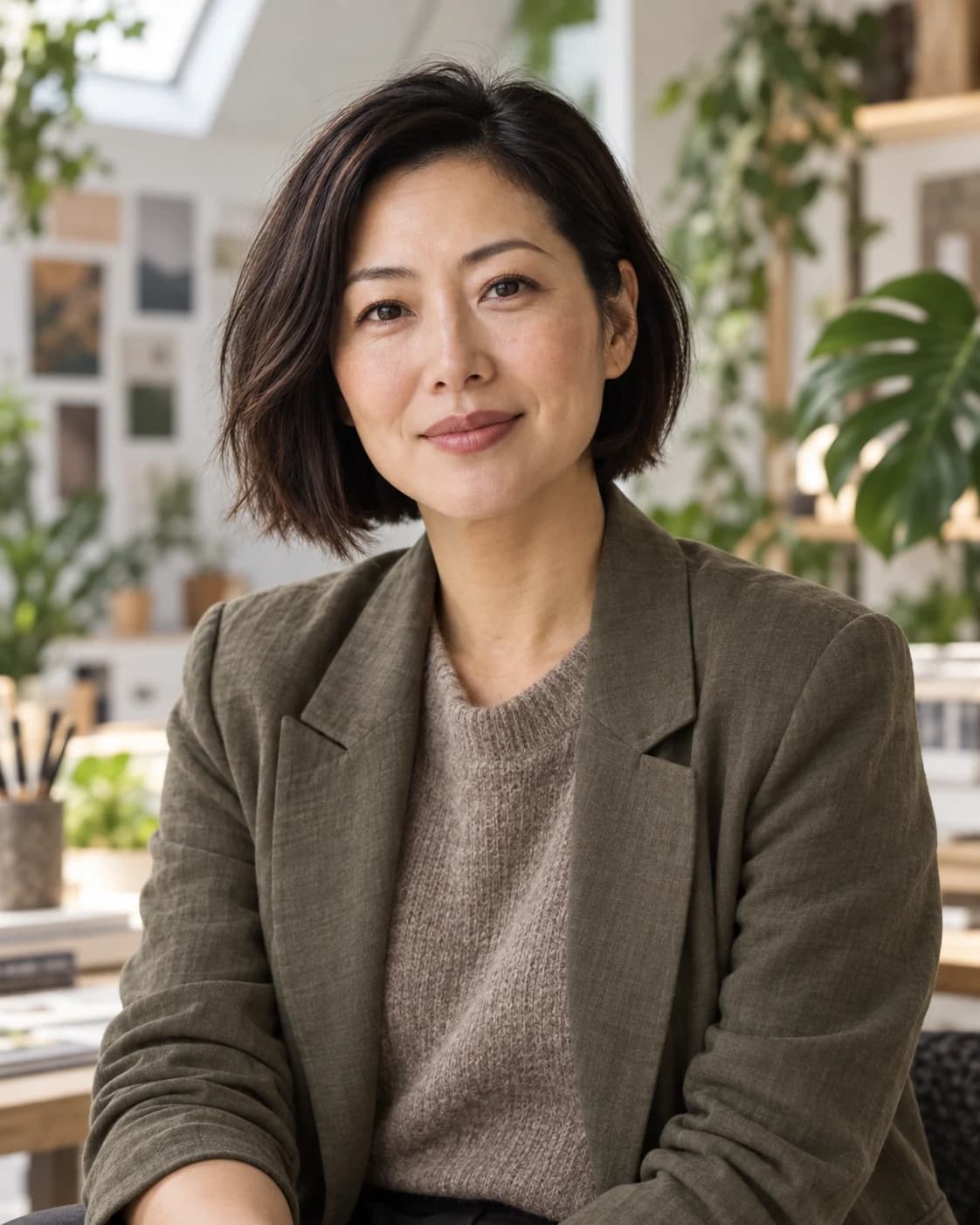 식물이 가득한 디자인 스튜디오에서 스마트 캐주얼을 입은 짙은 단발머리 여성