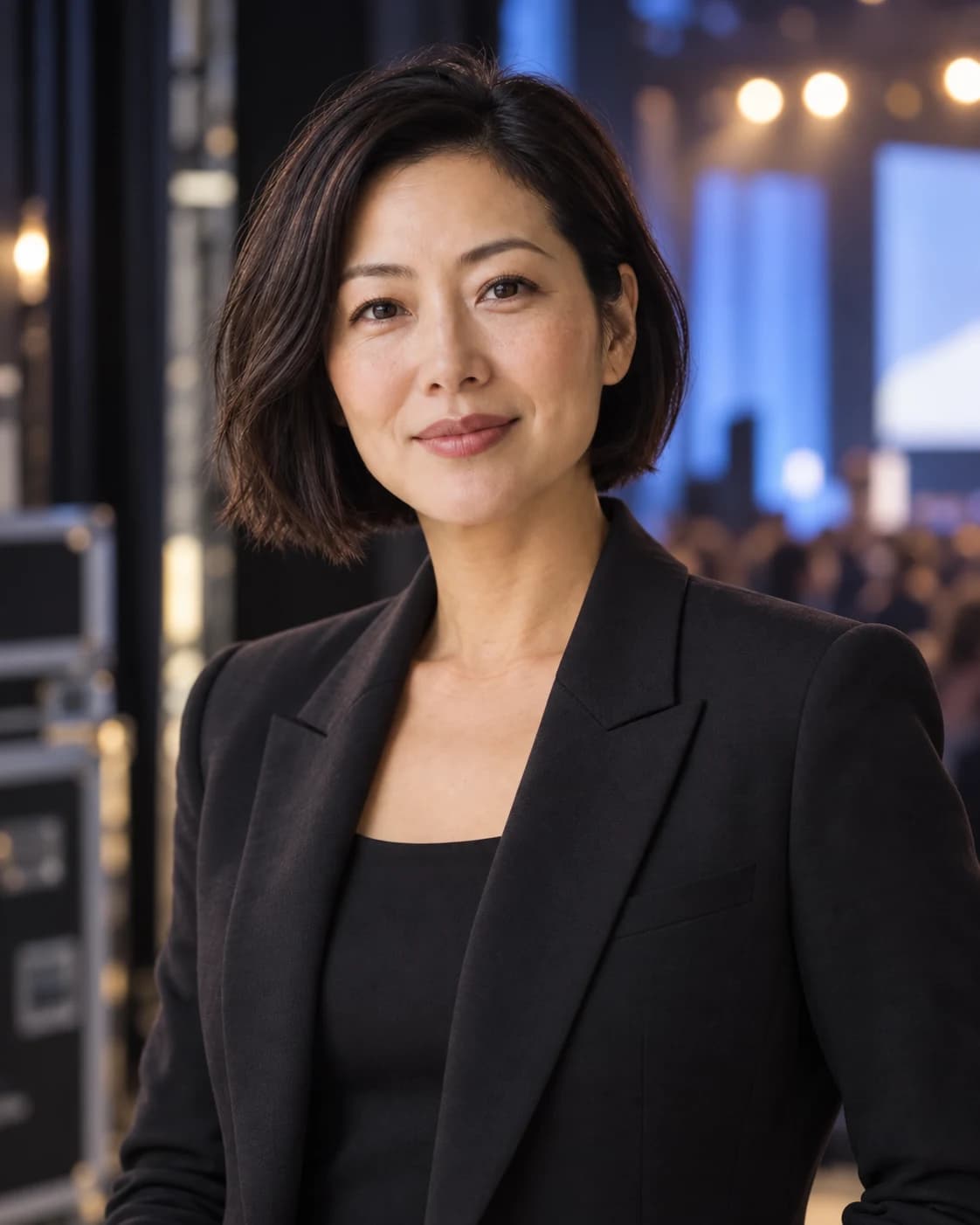 현대적인 컨퍼런스 장소의 무대 뒤에서 짙은색 맞춤 정장을 입은 여성