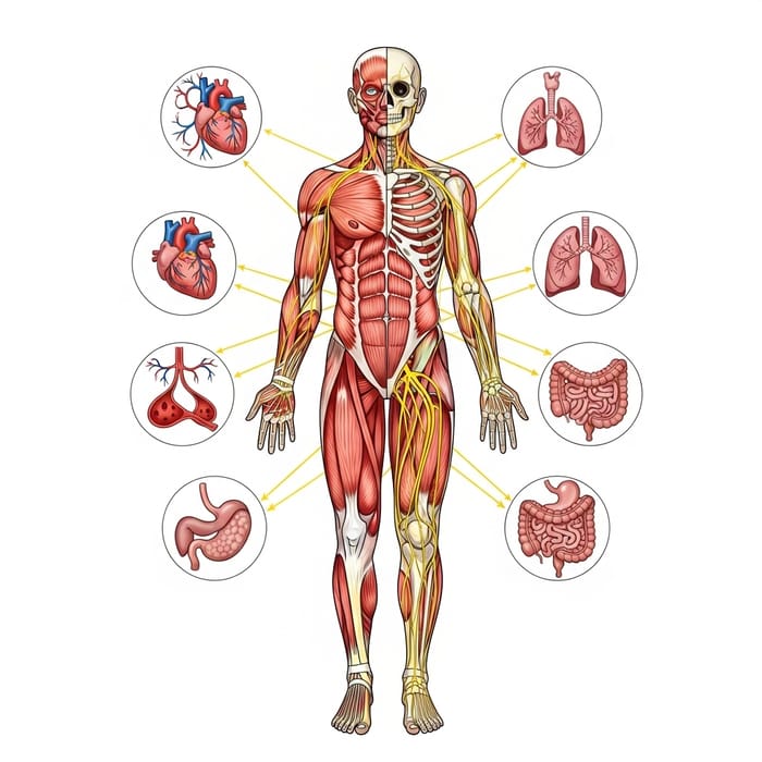Simplified human diagram showing color‑coded body part labels for arteries, veins, and nerves