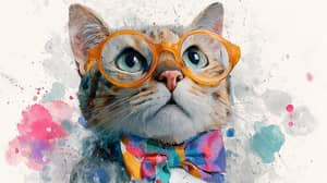 Whimsical Cat Art with Glasses & Bowtie