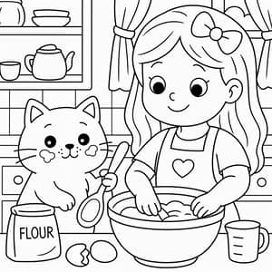 Cute Cat Baking Coloring Page for Kids