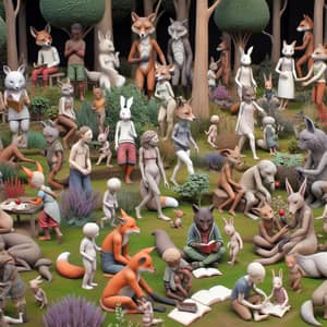 Whimsical Forest Garden with Anthropomorphic Animal Figures