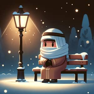 Middle-Eastern Character Sitting on Bench under Street Lamp in Winter