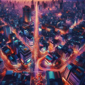 Bustling Cityscape at Dusk - Urban Life in Orange and Purple Hues