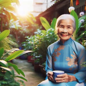 Tranquil Moment: Vietnamese Woman in Blue Áo Dài Savoring Tea in Garden