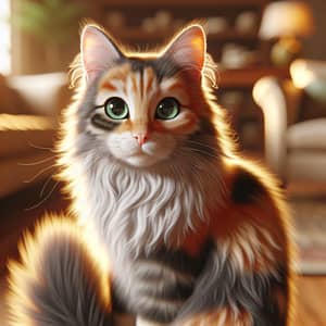 Fluffy Domestic Cat with Vibrant Green Eyes in Calico Design