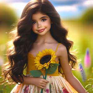 Young Hispanic Girl in Yellow Dress with Sunflower in Meadow