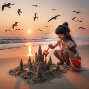 Young Girl Building Sandcastle on Beach at Sunset