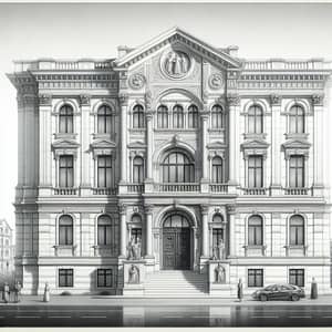 Classical-style 2-story Building Drawing | Black and White Pencil Sketch