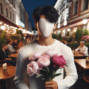Anonymous Young Man with Peonies in Urban Cafe Setting