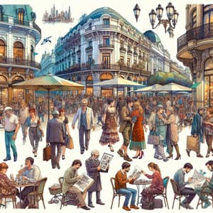 Buenos Aires Street Scene: Diverse Urban Life in Watercolor