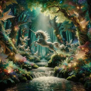 Mystical Forest Scene: Unicorn Leaping Over Stream