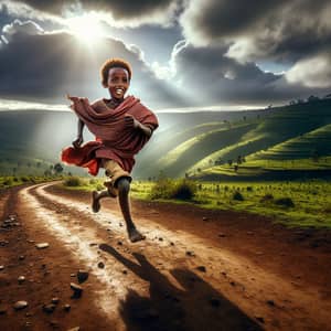 Joyful Ethiopian Boy Running in Beautiful Highlands | Expressive Moment