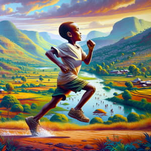 Ethiopian Boy Running in Picturesque Landscape | Youthful Exuberance