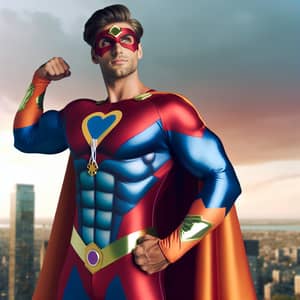 Heroic Superhero | Muscular Figure With Emblem | City Skyline Background