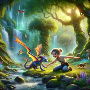 Young Girl and Pet Dragon Play in Mystical Forest - Fantasy Illustration