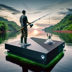 Unique Fisherman Fishing on Game Console by Water | Sunset Sky