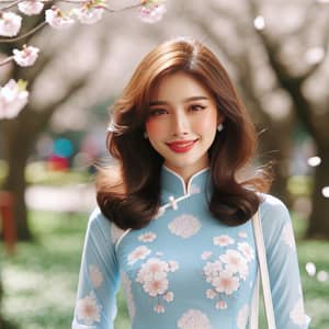 Beautiful Southeast Asian Woman in Blue Ao Dai Dress