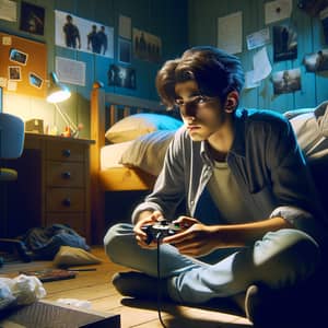Teenage Boy Playing Video Games in Dimly Lit Bedroom