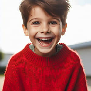 Excited 8-Year-Old Boy in Vibrant Red Jumper | Joyful Kid
