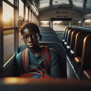 Sad Black Boy Alone on School Bus