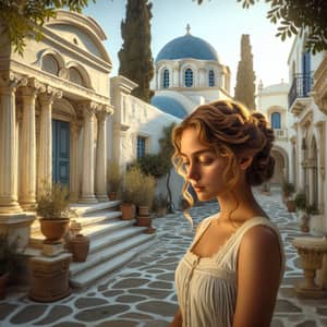 Tranquil Scene of Innocent Lady in Nostalgic Greek Architecture