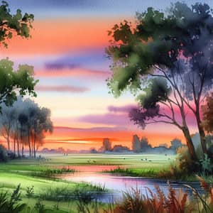 Tranquil Watercolor Landscape: Vibrant Sunset Reflections