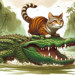 Courageous Tabby Cat Rides Ferocious Crocodile - Jungle Adventure