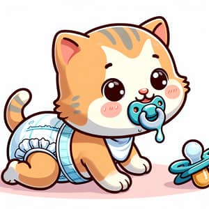 Cute Cartoon Newborn Kitten in Diapers with Pacifier