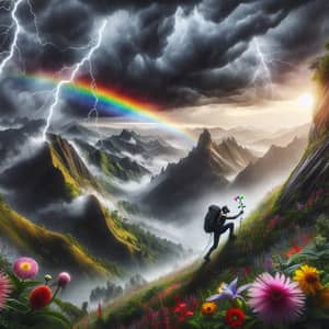 Brave Hiker Conquers Storm with Vibrant Rainbow and Flowers