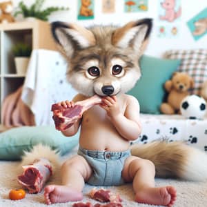 Cute Baby Wolf in Diaper Chewing Meat - Wildlife Innocence