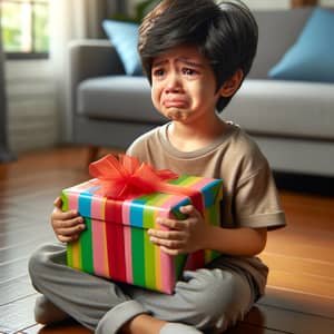 Young South Asian Boy Holding Birthday Gift with Sad Expression