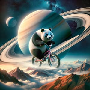 Playful Panda Biking on Saturn | Ethereal Journey Imagery