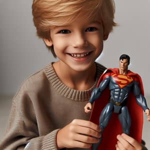 Joyful Seven-Year-Old Blond Boy with Favorite Superhero Toy