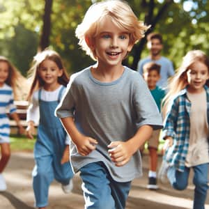 Seven-Year-Old Boy Having Fun at Park with Diverse Friends