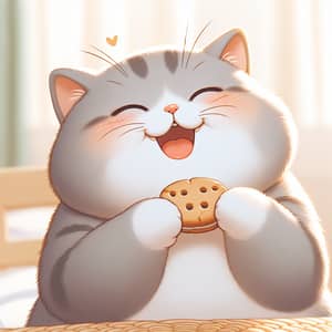 Chubby Cat Enjoying Biscuit - Cute and Happy Kitty