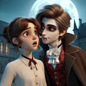 Young vampire boy giving a gentle kiss in moonlit courtyard