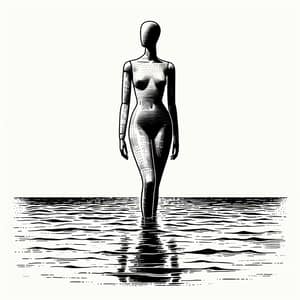 Minimalistic Pen Drawing of Mannequin by Water - Artwork