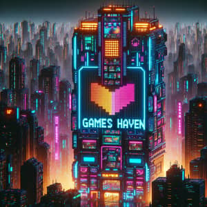 Cyberpunk City Tower: Games Haven Sign in Pixel Art